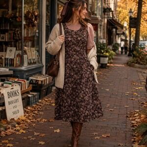 Vintage Handmade Brown Floral Prairie Dress Womens M Puff Sleeve Cottagecore